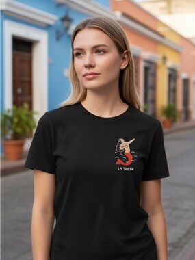 Black Hand Embroidered ‘La Sirena' Mermaid Graphic Tee Cotton Shirt